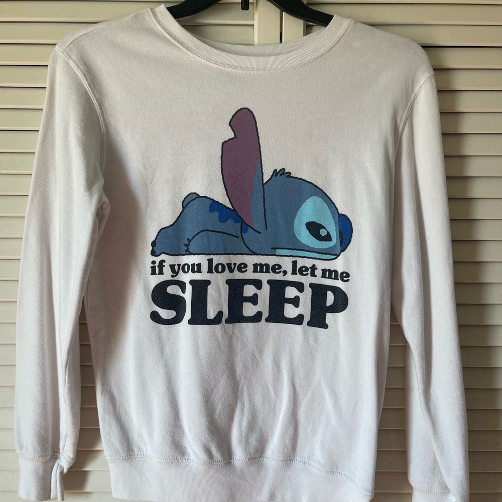 Disney White Crewneck Sweatshirt with Stitch Graphic and Text